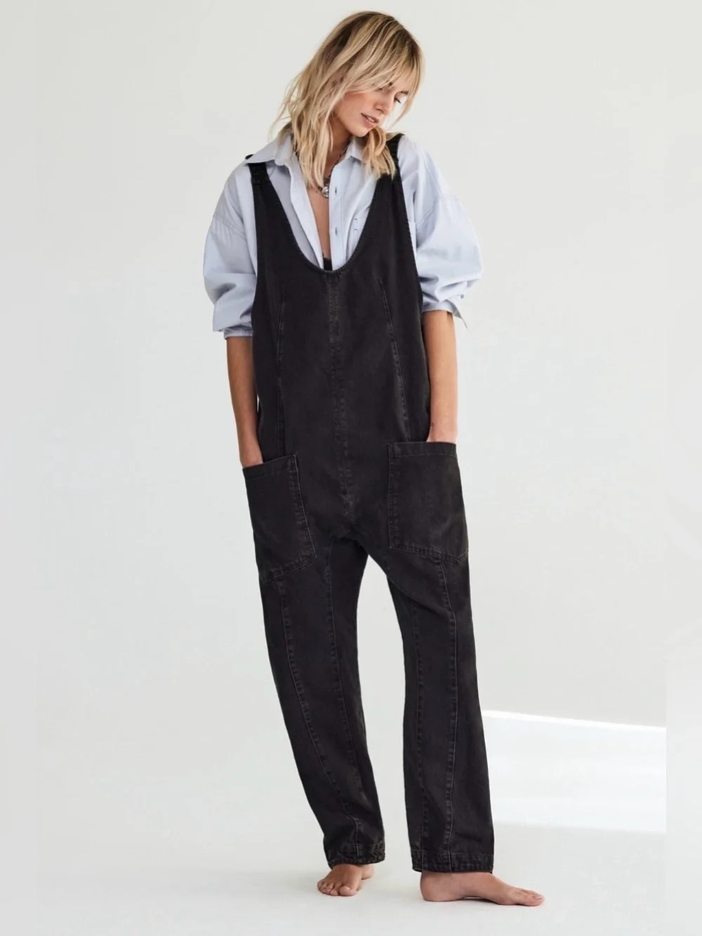 We the Free High Roller Denim Overalls Mineral Black Size S